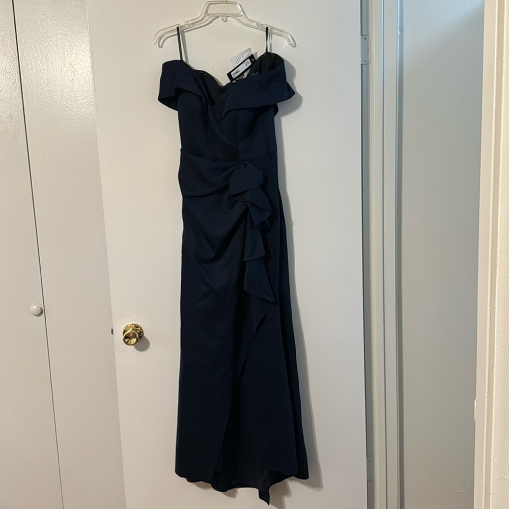 Long off shoulder scuba, ruffle dress